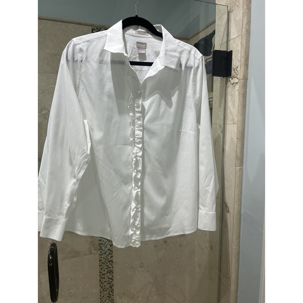 Chico's Womens No Iron Ruffle Button Up Shirt White Long Sleeve Size 2 Large